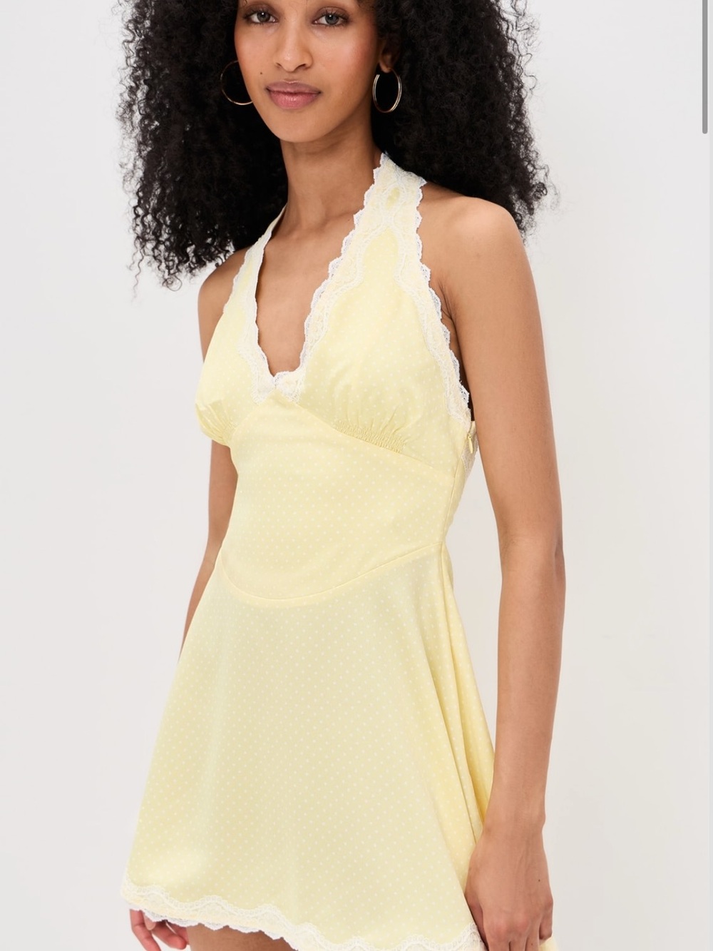 Frankie's Bikinis Pale Yellow Lace-Trim Halter Mini Dress